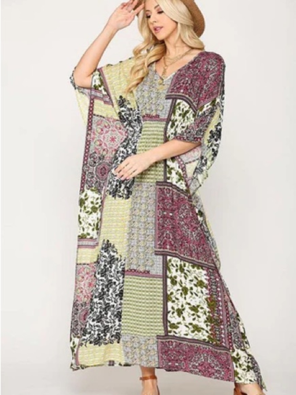 Gigio Multi Pattern Patchwork Kimono Sleeve Maxi